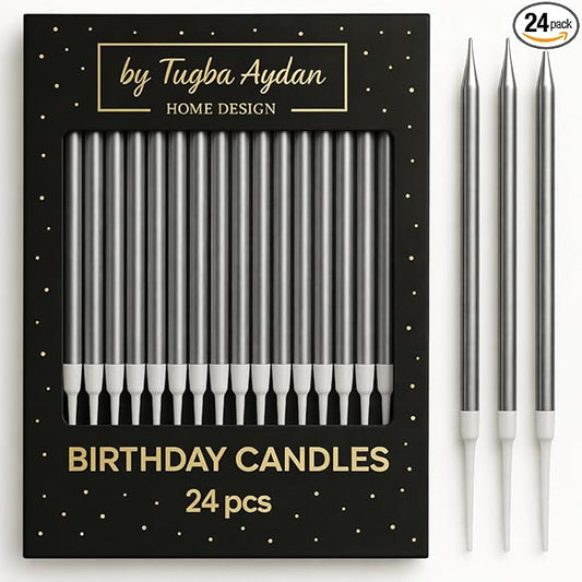 by Tugba Aydan Silver Birthday Candles, 24 Pack, Long Thin Metallic Cake Candles with Holders, Elegant Silver Candles for Cakes, Cupcakes & Parties