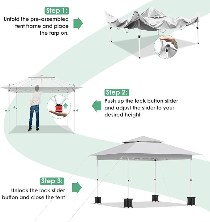 Arlopu Pop Up Canopy Tent with 1-Person Set up, Camping Instant Durable Shelter, Outdoor Gazebo Beach Shade with Wheeled Bag, 4 Sand Bags for Weight (White, 13FTX13FT)