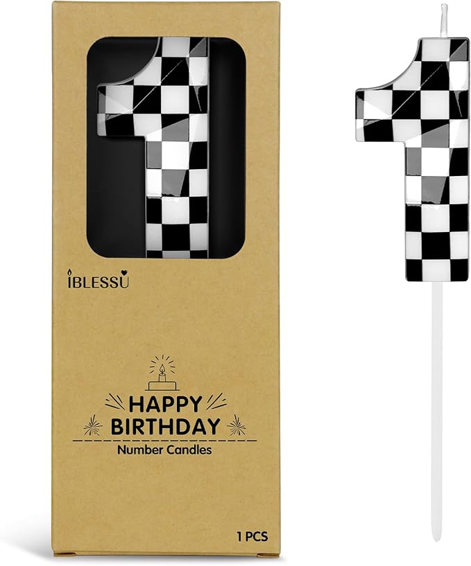 Number 1 Racing Cars Birthday Candles,2.68 Inch Black White Checkered Birthday Number Candles, Cool Racing Themed Number Candles for Boys and Girls, Kids Race Car Themed Party Decorations Supplies