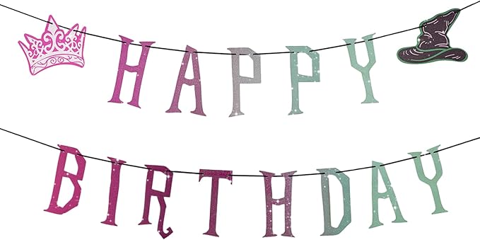 Witch Theme Happy Birthday Banner, Pre-Strung Glitter Wicked Birthday Party Banner, Gradient Pink And Green Party Decorations Witch For Wicked Party Decor Photo Backdrop Props Supplies