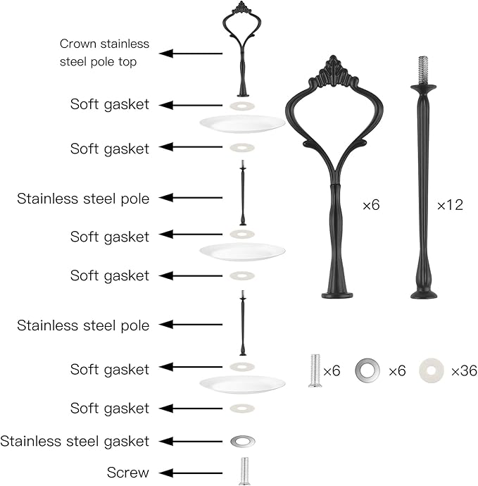 6 Set Tiered Tray Hardware for Cake Stand Mold Crown 3 Tier Cake Stand Fittings Hardware Holder for Wedding and Party Making Resin Cupcake Dessert Platter Serving Stand (Silver & Black, M)