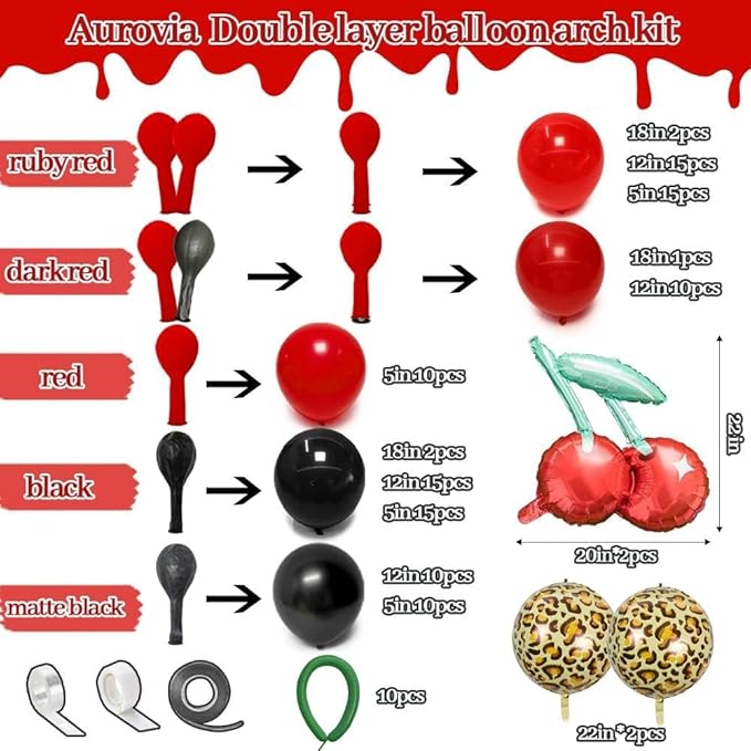 Red Black Balloon Arch Kit Double Stuffed Burgundy Black Maroon Balloon Garland Cherry Cheetah Print Balloons for Birthday Bridal Baby Shower Bachelorette Graduation Party Decorations