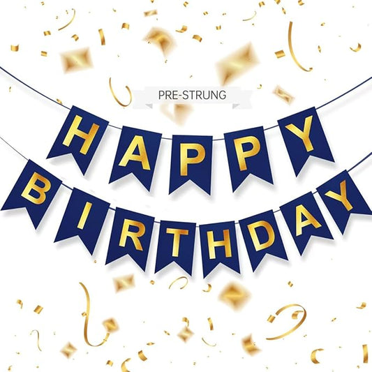 Blue Happy Birthday Banner,Navy Blue and Gold Party Decorations Sigh for Birthday Decor,Backdrop Birthday Party Supplies,No DIY for Girls Boys Kids and Women Party Hanging(Pre-Strung,16ft)