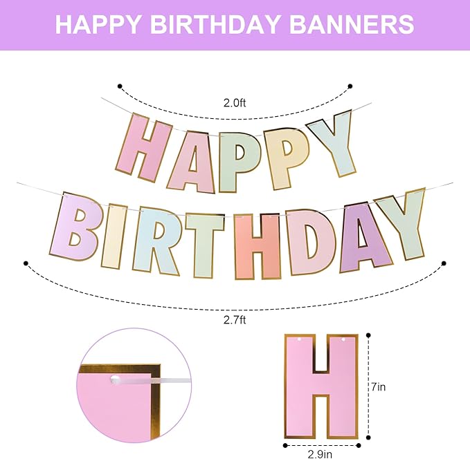 Picoway Happy Birthday Banner | Multicolour2 Macaron Birthday Signs Banners | Pastel Birthday Party Decor | Women & Girls | 8" x 6" Triangular Banner