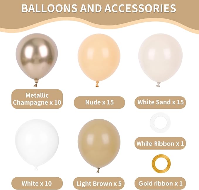RUBFAC Beige and Champagne Balloons, 65pcs White and Brown Boho Gold Party Balloon for Neutral Birthday Bridal Baby Shower Wedding Party Decorations