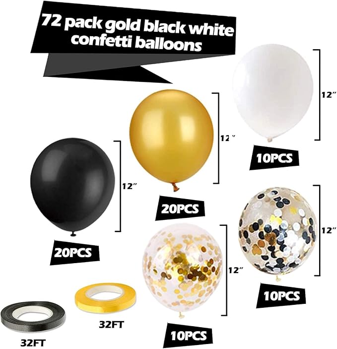 72 Pack Black Gold Confetti Balloons Kit, 12 Inch Black Gold White Balloons and Gold Confetti Balloons with Balloon Ribbons for Graduation Birthday Wedding Baby Shower Party Decorations