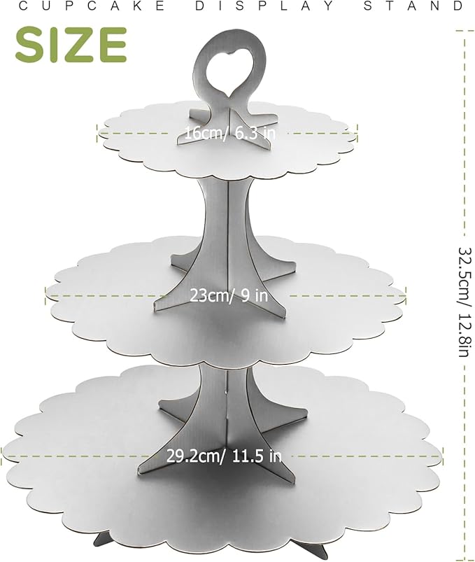 3-Tier Silver Matte Cupcake Stand 2 Pack, Cardboard Dessert Display for Weddings, Parties Events, Easy to Assemble Tiered Cake Stand