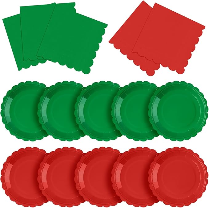 120 Pcs Christmas Paper Plates and Napkins Party Supplies Bulk Disposable 7 Inch Scalloped Plates Cocktail Napkins for Xmas Holiday Wedding Birthday Decoration, Serve 60 Guests(Red and Green)