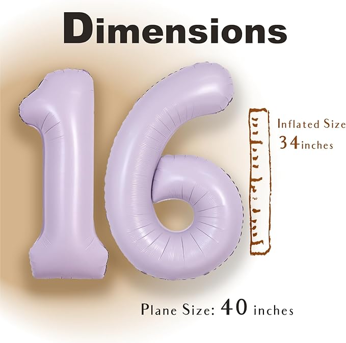SUWEN 40 Inch Light Purple Large 16 Balloon Number Big Foil Helium Lavender Number Balloons Huge Mylar 0-9 Giant Jumbo Happy 16th Birthday Party Anniversary Decorations
