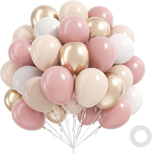 60pcs Pink and Gold Balloons 12inch, Sand White Metallic Gold Dusty Pink Balloons for Boho Wedding Baby Bridal Shower Engagement Birthday Party Decorations