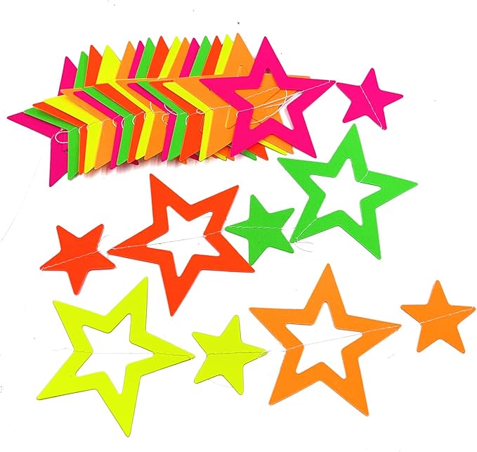WELITTCON 102feet Neon Paper Garland Streamers Hollowed Star Black Light Decorations Glow Party UV Reactive Favors in The Dark Supplies for Wedding Birthday Garlands