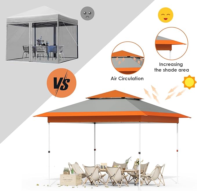 Arlopu Pop Up Canopy Tent with 1-Person Set up, Camping Instant Durable Shelter, Outdoor Gazebo Beach Shade with Wheeled Bag, 4 Sand Bags for Weight (Orange, 13FTX13FT)