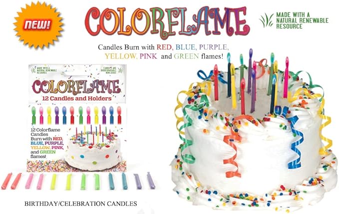 Amazing Colorflame Multicolor Happy Birthday Candles and Holders (12 Count),Unscented