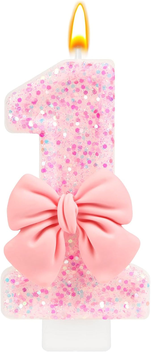 Pink Bow Number 1 Birthday Candle, Glittering Candles 1st Birthday Cake Topper, Princess Themed Party Decor for Girls and Women Anniversary Party Supplies