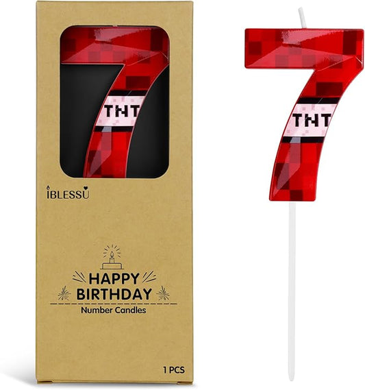 Number 7 Red Pixel Birthday Candle, TNT Themed Birthday Candles for Cake, 2.72 Inch Green Miner Number Candles, Game Themed Candle Birthday Decoration, Red Birthday Cake Topper for Boys Girls Party