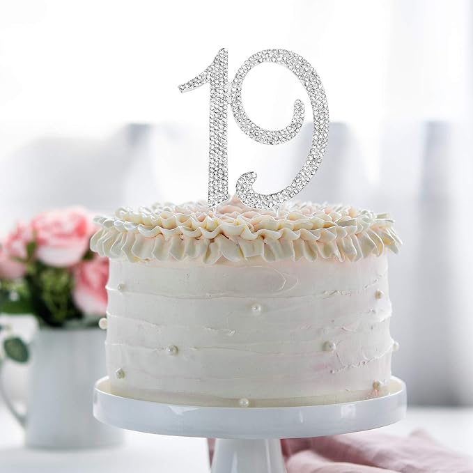 Bling Crystal Rhinestone 19 Birthday Cake Topper - Best Keepsake | 19th Party Decorations Silver
