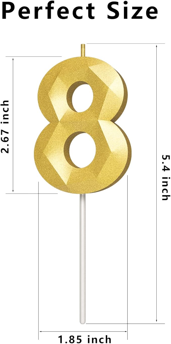 Number Birthday Candles(8 Candle Gold) 3D Diamond Shape Number Happy Birthday Cake Candles for Birthday Party Wedding Decoration Reunions Theme Party