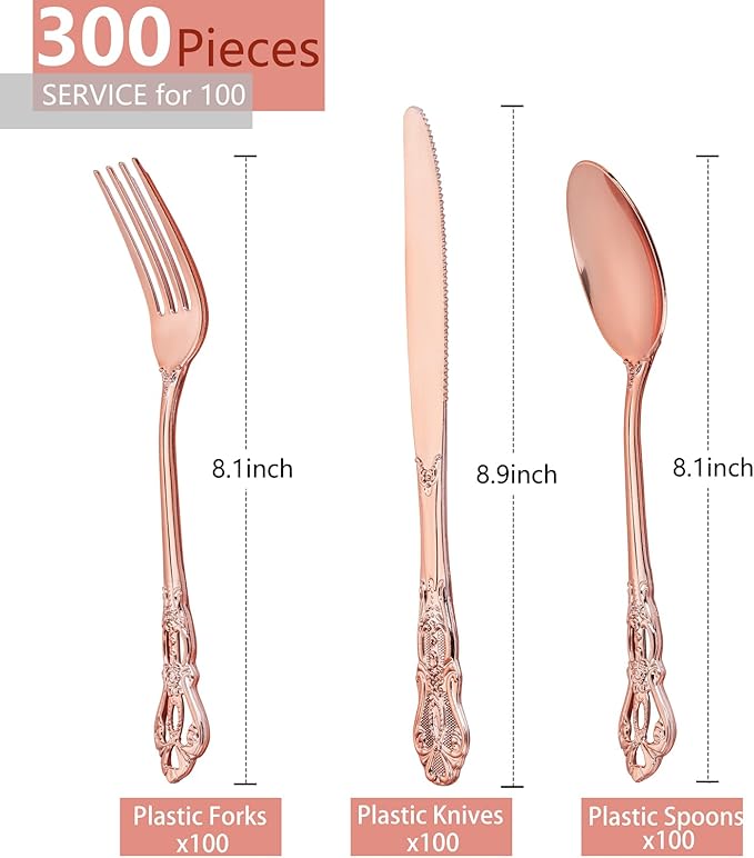 300PCS Rose Gold Plastic Silverware - Heavy Duty Elegant Disposable Utensils - Vintage Rose Gold Cutlery Set Includes 100 Forks, 100 Spoons, 100 Knives for Dinner Parties Weddings