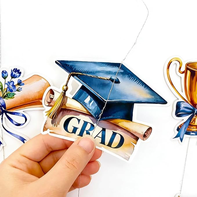 Blue Gold Graduation Party Hanging Streamer Floral Navy Gold Star Grad Cap Garland Banner for Congrats Grad You Did It Class of 2026 We are So Proud of You Themed Graduation Party Decorations Supplies