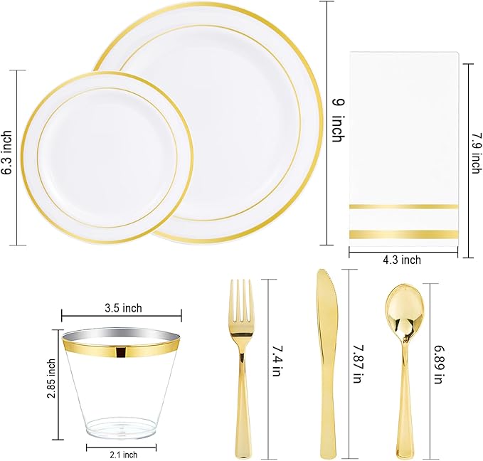 NOCCUR 700PCS Gold Plastic Plates - Gold Disposable Dinnerware Set for 100 - Include 200 Dinner/Dessert Plates, 300 Cutlery, 100 Cups, 100 Napkins, Idea for Wedding/Party/New Year