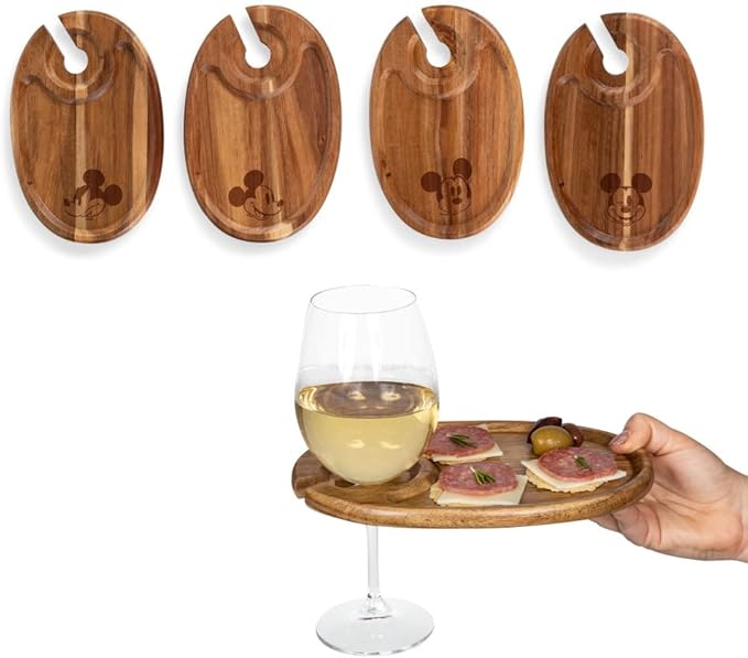 PICNIC TIME Disney Mickey Mouse Wine Appetizer Plate Set of 4 with Glass Holder, Acacia Wood Cocktail Plates for Cheese Charcuterie and Entertaining with Cutout Wine Slot, (Acacia Wood)