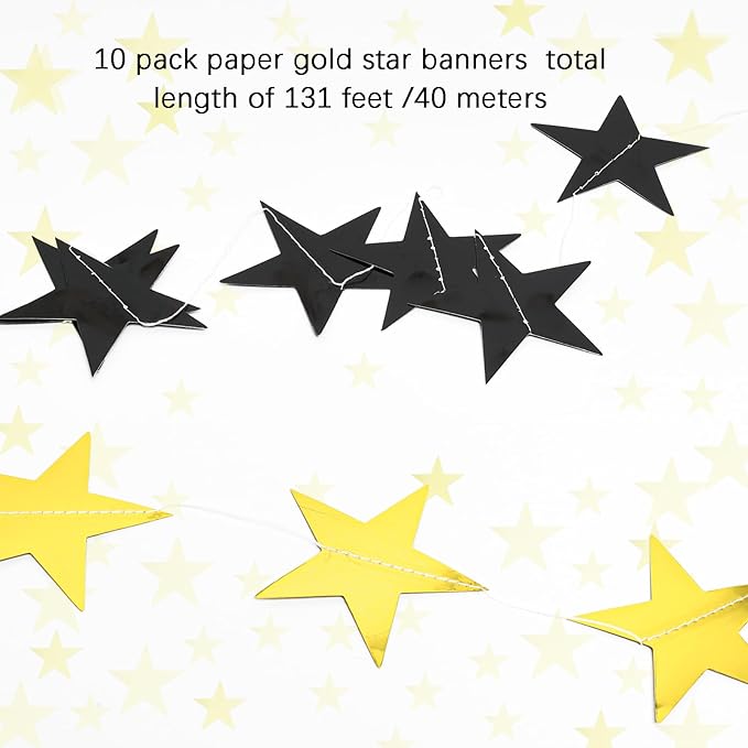 Glitter Star Garland Banner Decor 130 Feet Gold Black Star Garland Hanging Bunting Banner Backdrop for Graduation Wedding Birthday Holiday Party