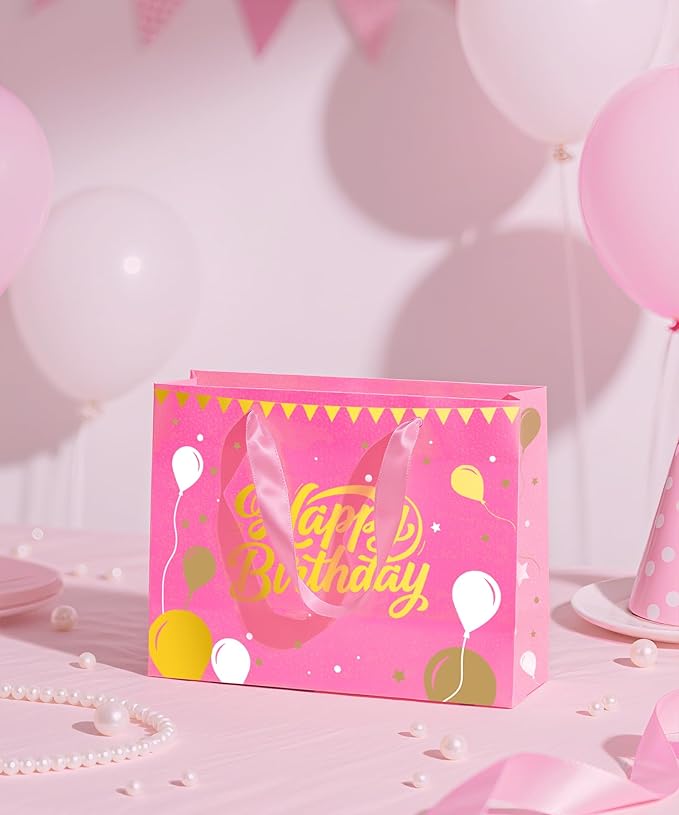 Pink Birthday Gift Bag for Girls – 12.5 Inch Medium Size with Tissue Paper and Greeting Card – Perfect for Women or Mom (1 Piece, Foil Stamping)