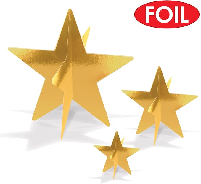 Beistle Gold 3-D Foil Star Centerpieces, 9-Count – Metallic Starry Table Decorations in 3 Sizes for New Year’s Eve, Awards Night, Graduation, Hollywood Party, Anniversary and Celebration Events