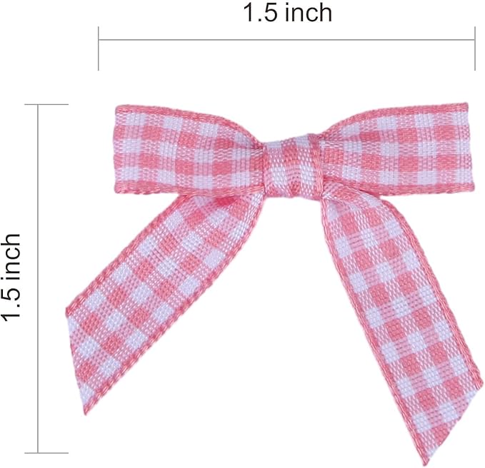 Meseey 100 Pcs 1.5 Inches Premade Gingham Craft Bows Self Adhesive Pink and White Plaid Satin Ribbon Bows for Treat Bags Gift Wrapping Basket Wedding Baby Shower Brithday Party(Pink and White Plaid)
