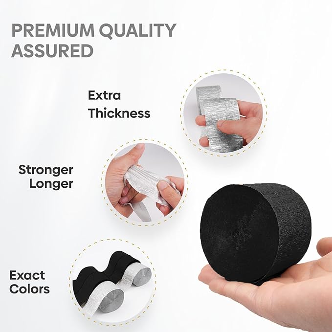 6 Crepe Paper Streamers Rolls, 492ft Pack of Silver and Black Streamers for Party Decorations, Birthday Streamers, Party Streamers (1.8 inch x 82 ft/Roll)