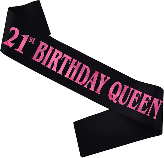 21st Birthday Queen Sash, Pink Foil Black Satin Birthday Sash for Women 21st Fabulous Birthday Party Gift Decorations Favors