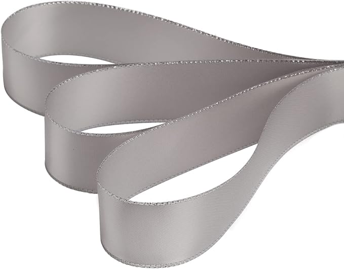 1" Double Face Satin Ribbon with Silver Edge 25 Yards (007-Shell Grey), Perfect for Gift Wrapping, Party Decor, Wedding and Craft