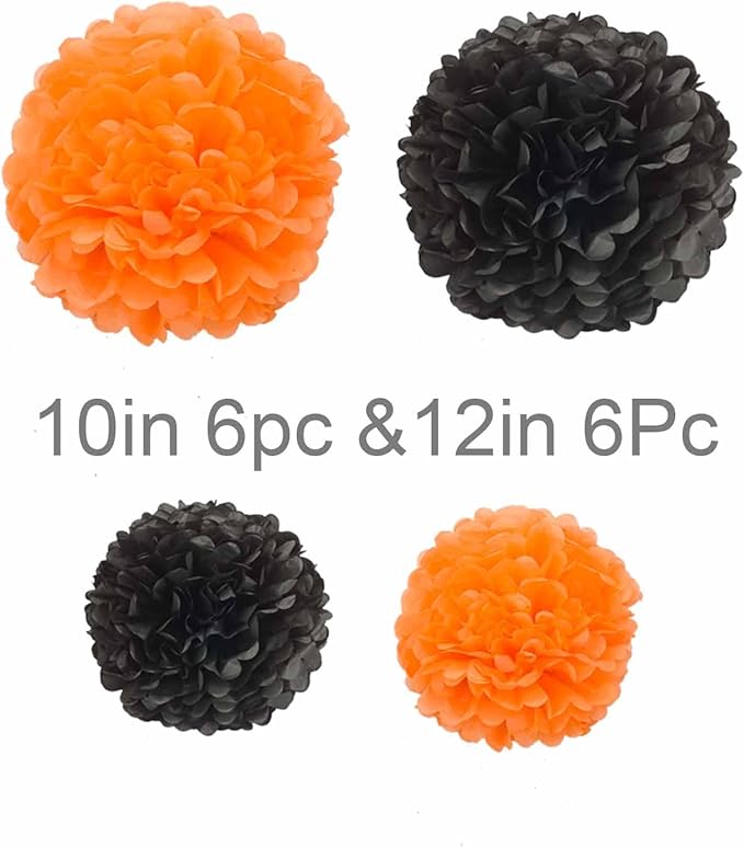 Black and Orange Tissue Paper Pom Poms Hanging Tissue Flowers Poms Decorations Pack of 12 for Wedding, Birthday,Party Backdrop Decor ect. (12", 10",Tissue Paper Flowers)