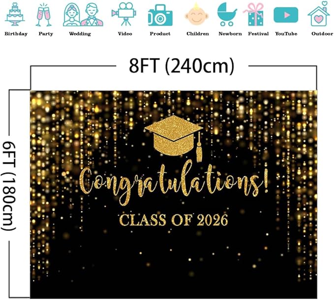 Mocsicka Class of 2026 Backdrop Black Gold Glitter Bokeh Graduation Party Background 2026 Congrats Grad Prom Party Cake Table Decoration Photo Booth Props (8x6ft)