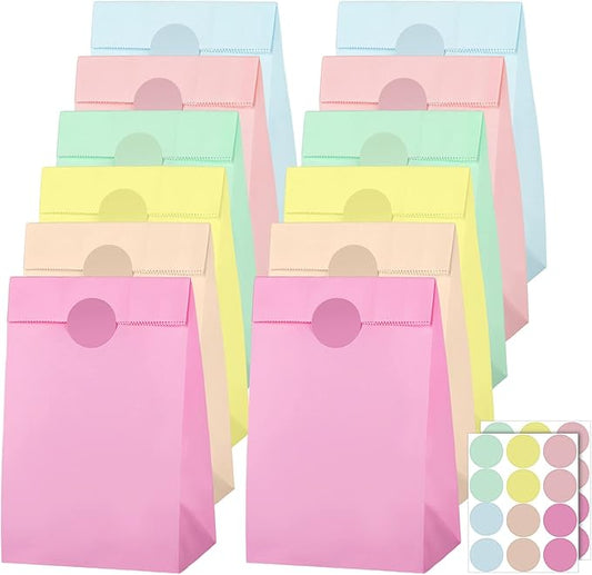 Cooraby 30 Pack Pastel Gift Candy Paper Bags with Stickers 5.1 x 3.1 x 9.4 Inches Snack Sweet Craft Bags for Birthday Wedding Party Anniversaries with 48 Stickers