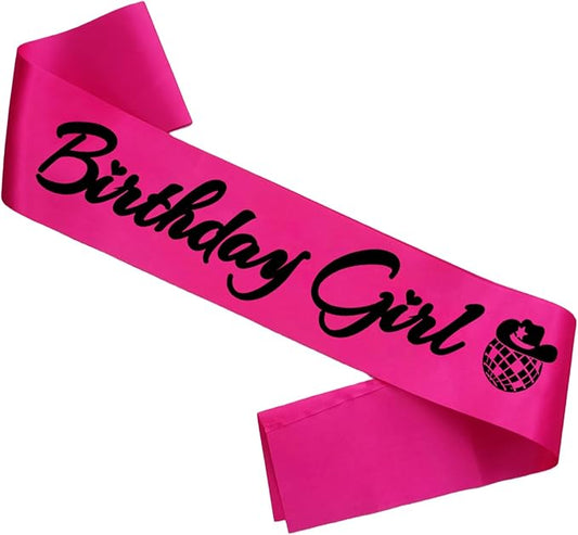 Birthday Girl Sash, Disco Cow Birthday Sash for Cowgirl Funny Birthday Gift Ideas Suppiles, Hot Pink+ Black Foil