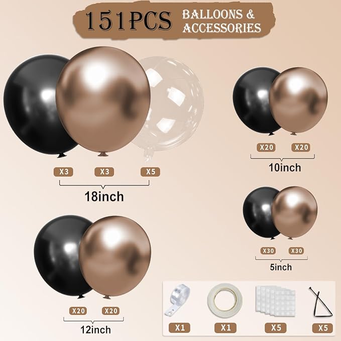 Champagne Gold and Black Balloon Arch Kit, 151Pcs Black Gold Bobo Balloons Garland 18 12 10 5 inch for Birthday, Graduation, Baby Shower, Wedding, Anniversary, Holiday Party Decoration
