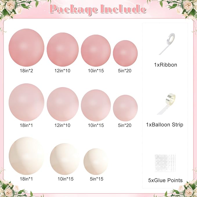 Pink Balloon Arch Kit 124Pcs Pink and White Balloon Arch Garland Kit Pastel Pink Light Pink Sand White Balloons for Baby Shower Bridal Shower Wedding Anniversary Birthday Party Decorations