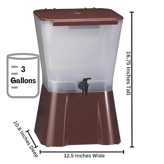 TableCraft 954 Beverage Dispenser, Polypropylene Plastic, Non-Insulated, 3-Gallon Capacity, 7" Faucet Clearance, Durable Build, Easy Dispensing, Brown Color, Single Dispenser