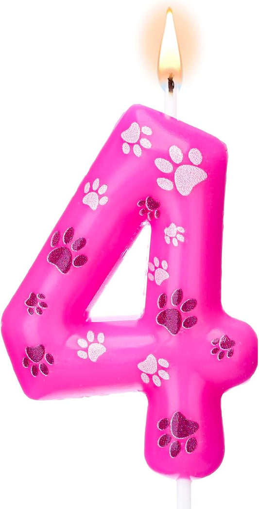 Conelist Number 4 Dog Paw Birthday Candles Toppers Candles Rose Red, Pink, Purple Numeral Birthday Cake Topper for 4 Year Old Boy Girl Paw Birth Day Decoration Pet Party Supplies