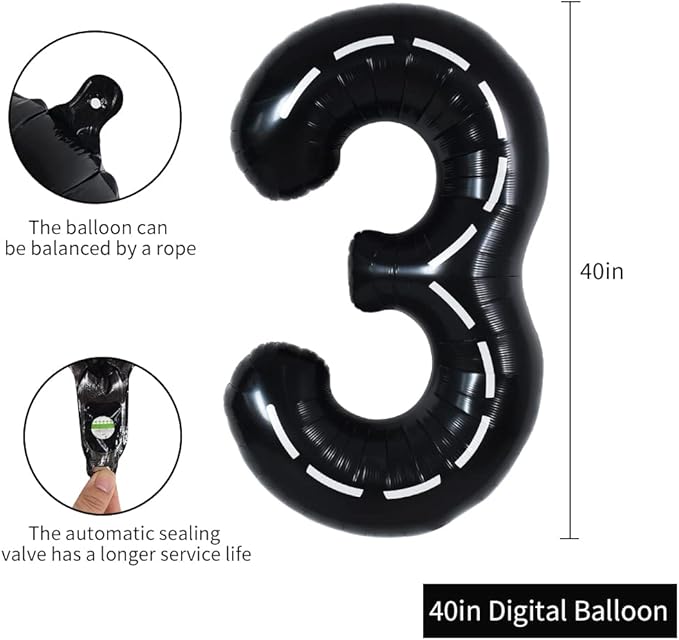 TONIFUL Race Car Black Balloons Car Birthday Party Supplies,40 Inch Giant Jumbo Helium Foil Mylar Big Number 3 Digital 3 Balloons for Boy's Birthday Party Truck Race Car Theme Party Decorations