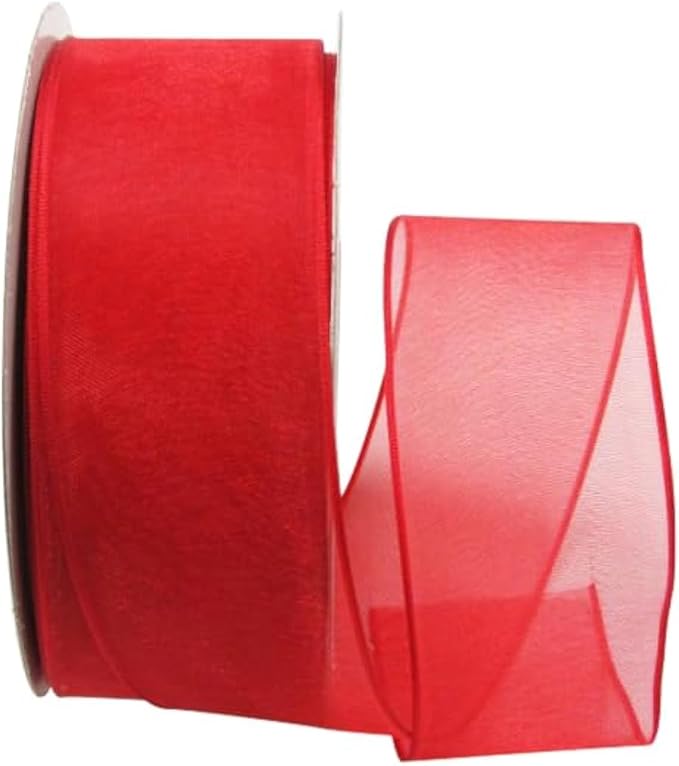 Ribbon Bazaar Sheer Organza Wired Ribbon - Wire Edged Ribbon for Floral Decor, Table Arrangements, Apparel Embellishment & More - 1-1/2" Red 25yd Spool