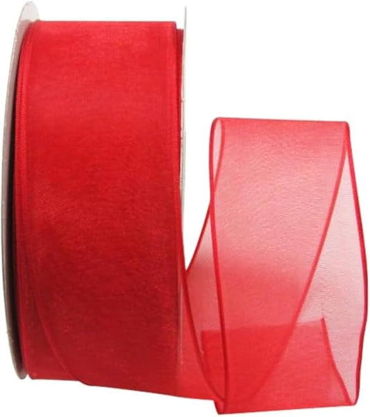 Ribbon Bazaar Sheer Organza Wired Ribbon - Wire Edged Ribbon for Floral Decor, Table Arrangements, Apparel Embellishment & More - 1-1/2" Red 25yd Spool