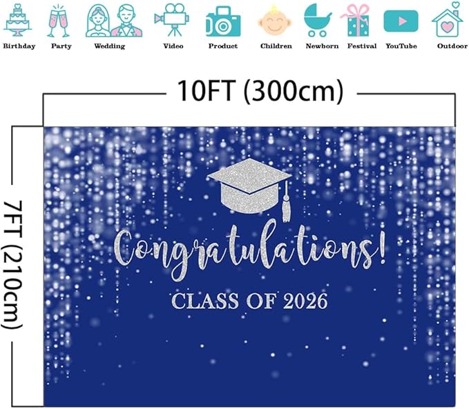 Mocsicka Class of 2026 Backdrop Blue Silver Glitter Bokeh Graduation Party Background 2026 Congrats Grad Prom Party Cake Table Decoration Photo Booth Props (10x7ft)
