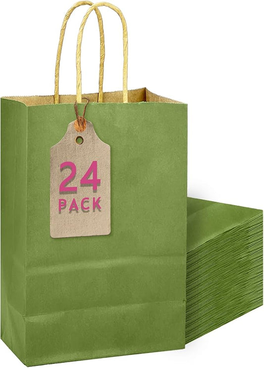 qiqee Light Olive Green Gift Bag with Handles Bulk 24Pcs Paper Bags -10.6"x8.3"x4.3"Party Favor Bags - Solid Color
