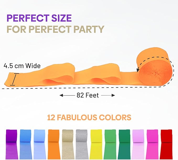 12 Crepe Paper Streamers Rolls, 984ft Pack of Unique 12 Rainbow Streamers with Silver and Gold Streamers for Party Decorations, Birthday Streamers, Party Streamers(1.8 inch x 82 ft/Roll)