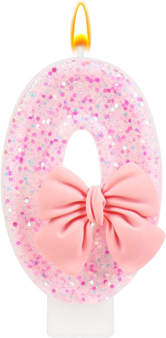 Number 0 Birthday Candle, Pink Bow Birthday Candles, Glitter Candle Cake Topper, Happy Birthday Cake Decoration Gifts, Anniversary Party Supplies for Girl