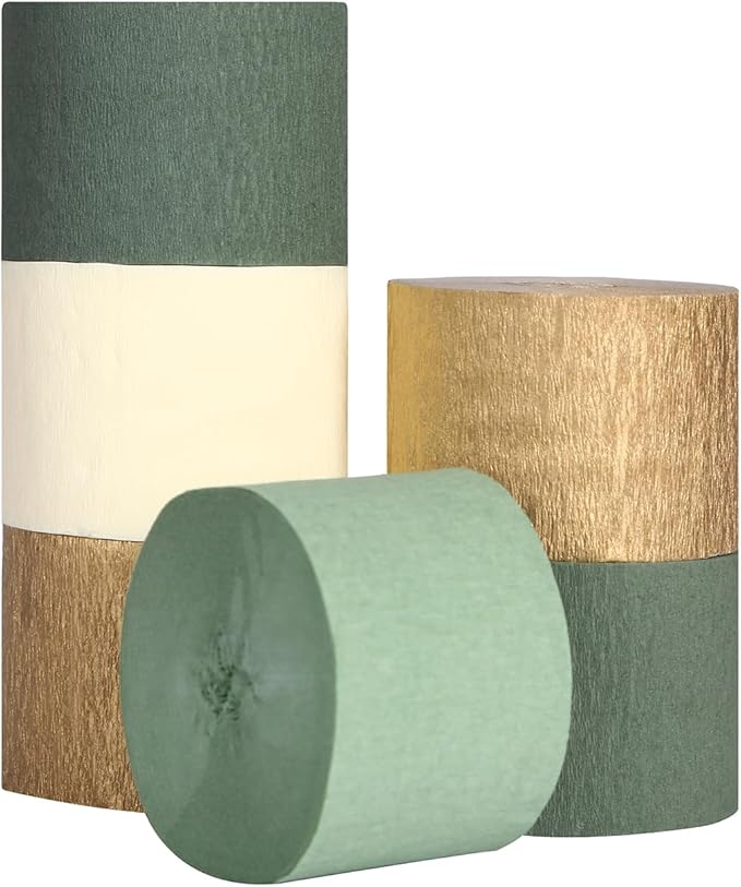 Suaxova Olive Green and Gold Crepe Paper Streamers 6 Rolls 492ft, Pack of Sage Green Gold Ivory Theme Party Streamers for Party Decorations, Birthday, Wedding, Baby Shower, Graduation, Christmas