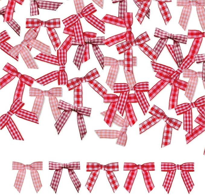 Meseey 100 Pcs 1.5 Inches Premade Gingham Craft Bows Self Adhesive Red/Pink/Hotpink Plaid Ribbon Bows for Treat Bags Gift Wrapping Basket Wedding Baby Shower Brithday Party (Red/Pink/Hotpink Plaid)