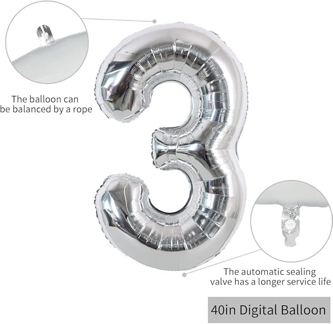 TONIFUL 40 Inch Silver Large Numbers Balloons 0-9, Number 3 Digital 3 Helium Foil Mylar Big Number Balloons for 2026 Graduation New Year Eve Birthday Party Anniversary Supplies Decorations